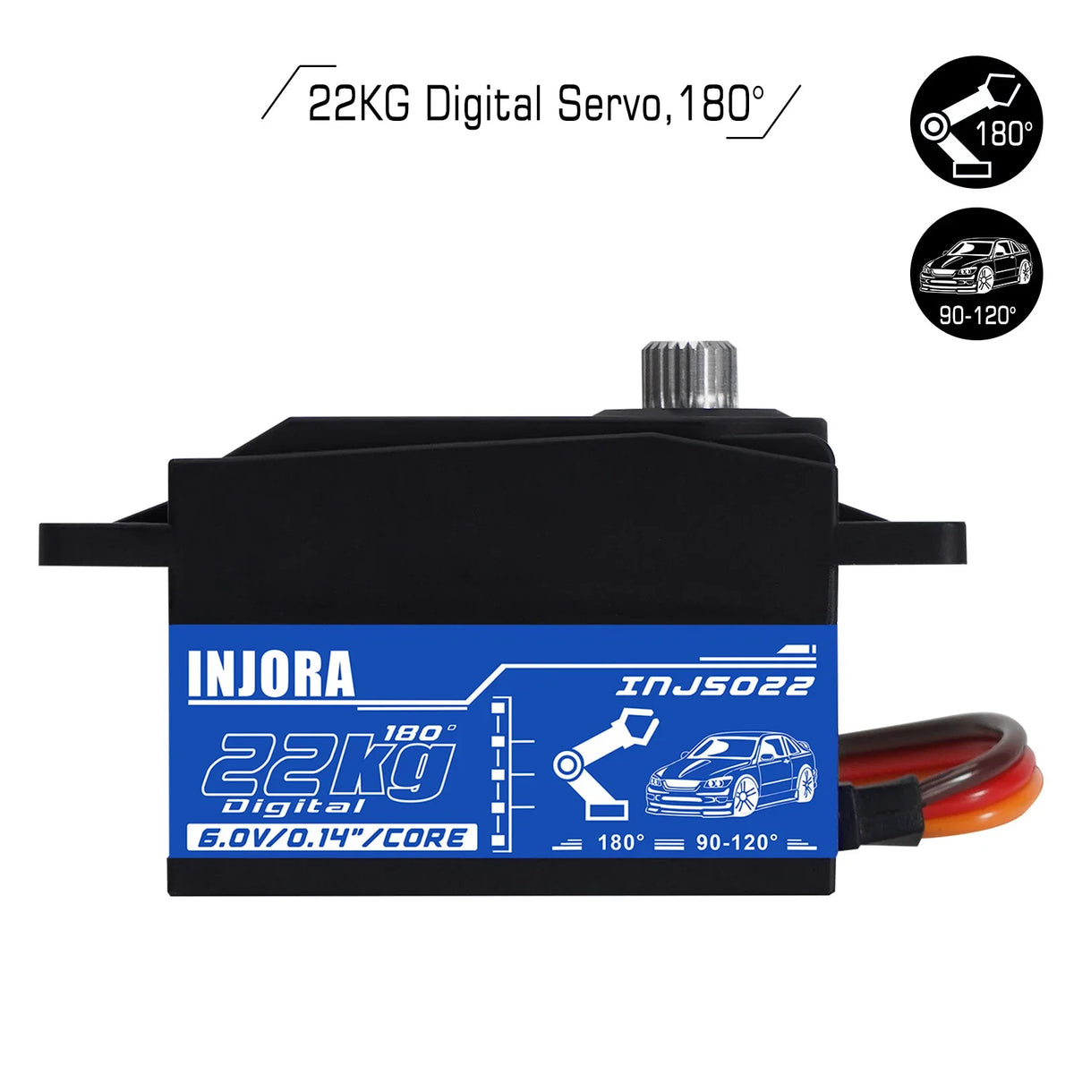 Black Injora 22KG Digital Servo with 180 degree rotation capability and specifications
