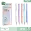 A set of five colored quick-drying gel pens with 0.5mm tips displayed in a box and individually.