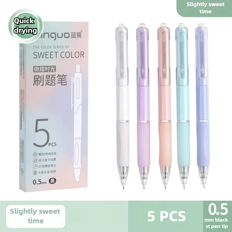 A set of five colored quick-drying gel pens with 0.5mm tips displayed in a box and individually.