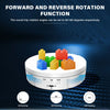 A white motorized rotating display stand shows various colored blocks and adjustable rotation angles like 90, 180, and 360 de
