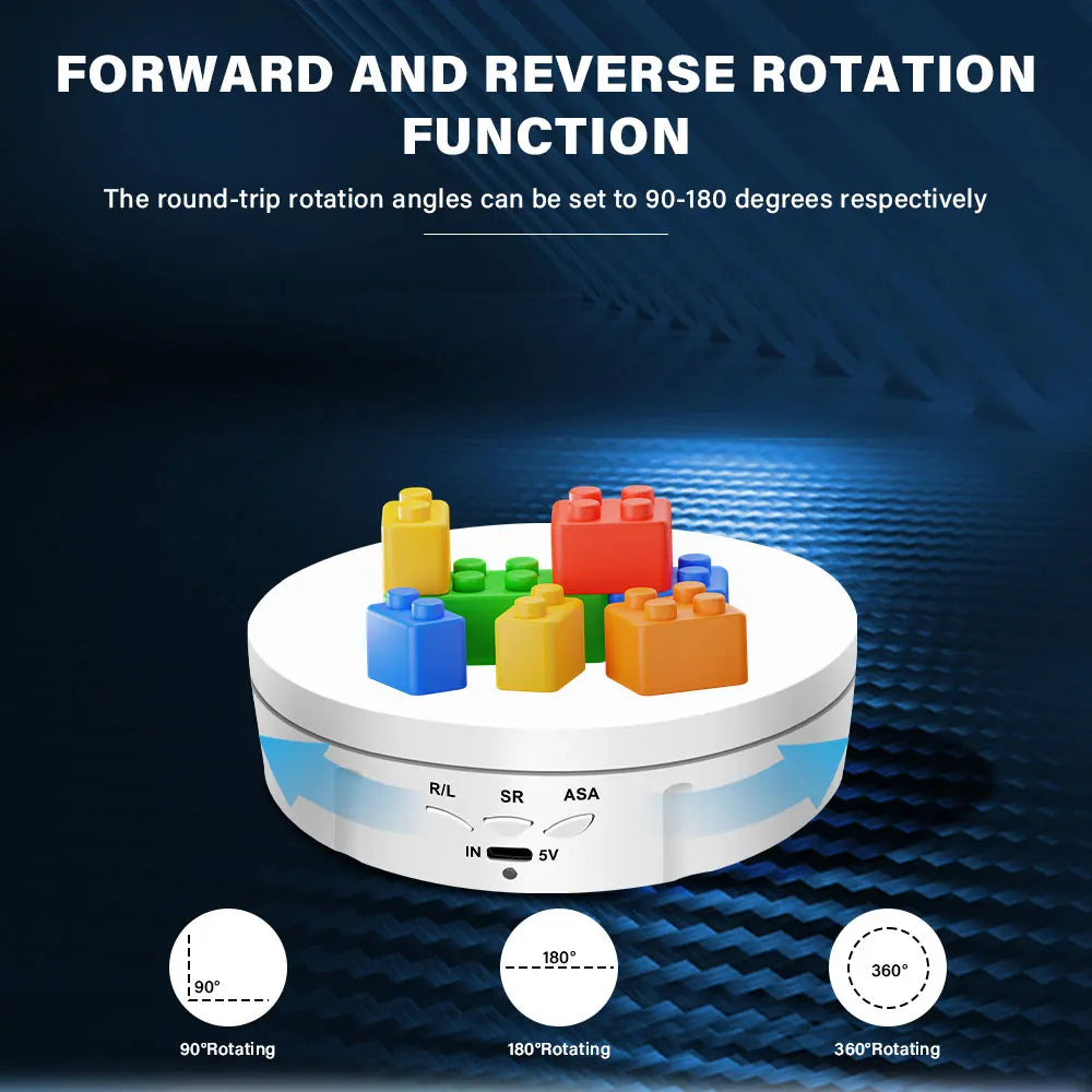 A white motorized rotating display stand shows various colored blocks and adjustable rotation angles like 90, 180, and 360 de