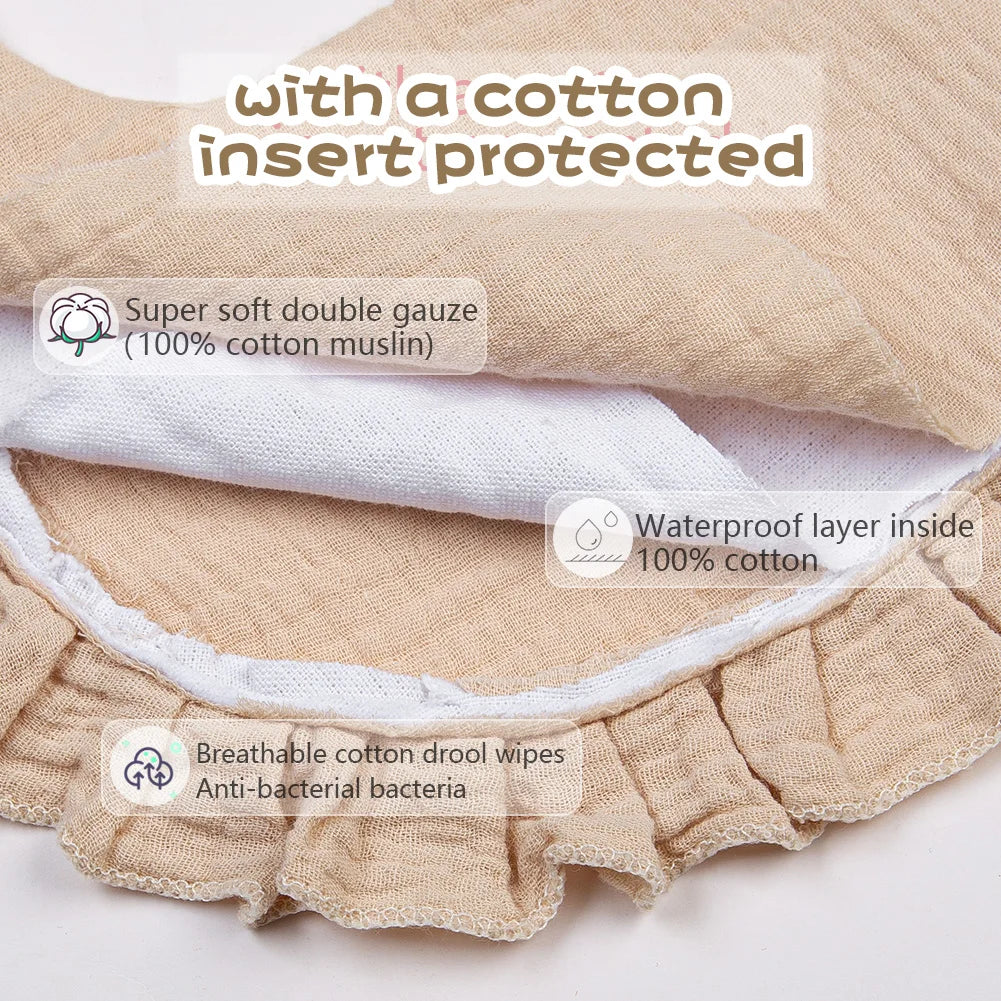 Light beige ruffled muslin cotton baby bibs with a waterproof layer inside