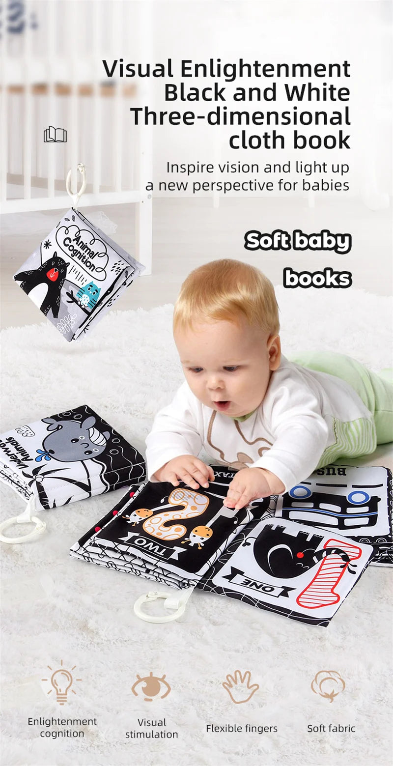 A set of black and white three-dimensional cloth books for babies, demonstrating visual enlightenment and cognitive stimulati