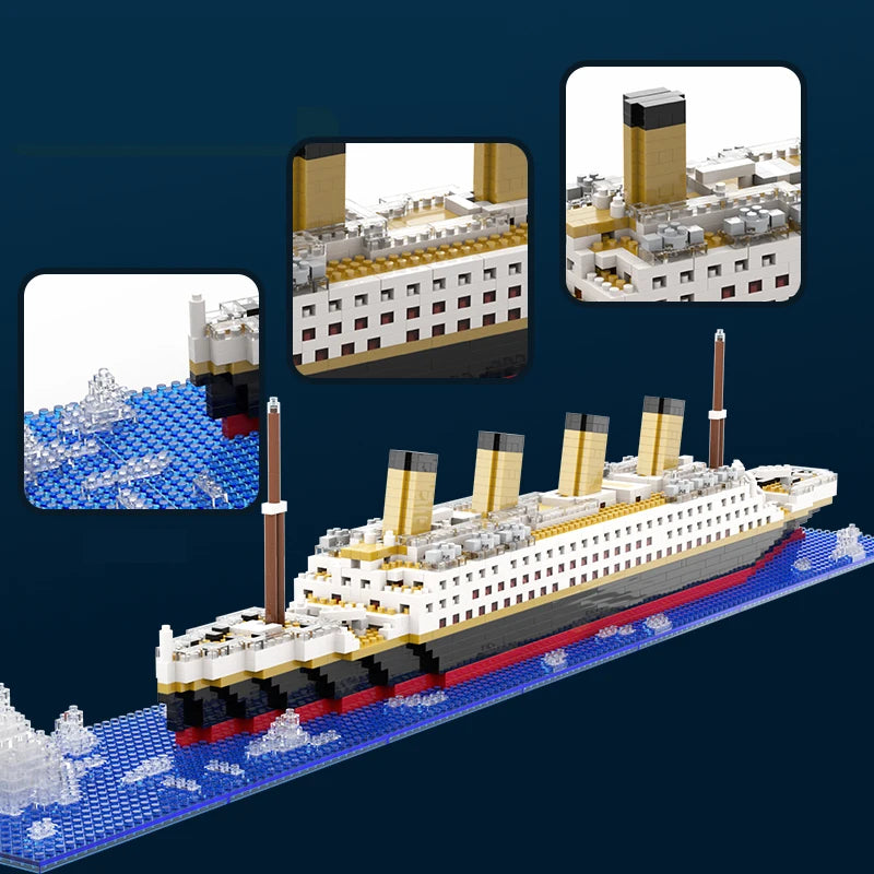 A model of the Titanic ice ship built from micro building blocks with figures and surrounding scenery.
