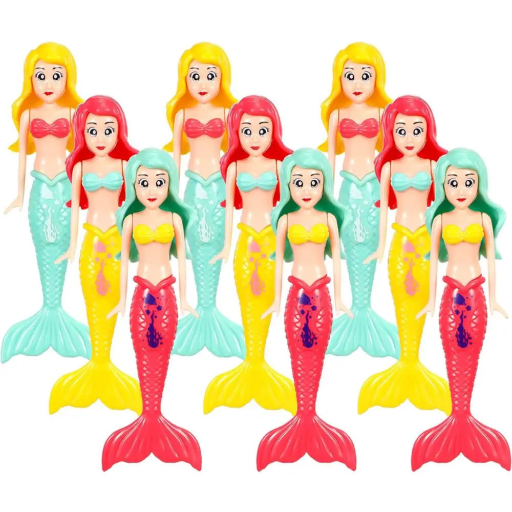 A set of four mermaid dive toys for pool fun featuring various colored mermaids.