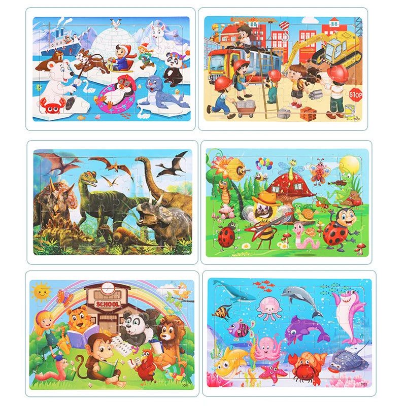 A collection of wooden animal jigsaw puzzles featuring various woodland and farm animals.