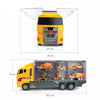 A yellow diecast construction vehicle playset with a transparent box displaying ten miniature construction vehicles.