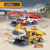 Two diecast excavator toy trucks, one red and one yellow, are shown on a dirt surface.