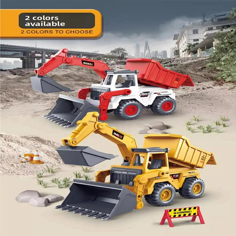 Two diecast excavator toy trucks, one red and one yellow, are shown on a dirt surface.