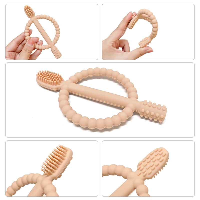 Soft silicone baby teether with easy-grip handles shown in various angles and usage examples.