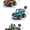 A set of metal building blocks forming an orange off-road vehicle and a green excavator model.