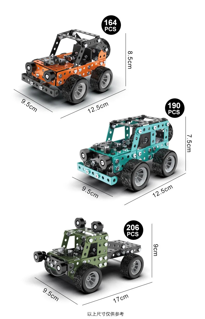 A set of metal building blocks forming an orange off-road vehicle and a green excavator model.