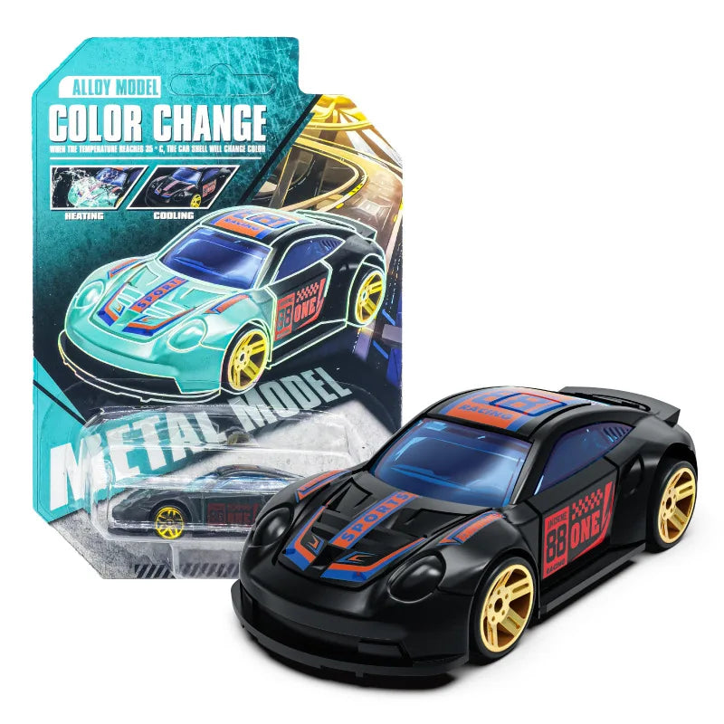 A pull-back racing car model with a color change feature is shown next to its packaging.