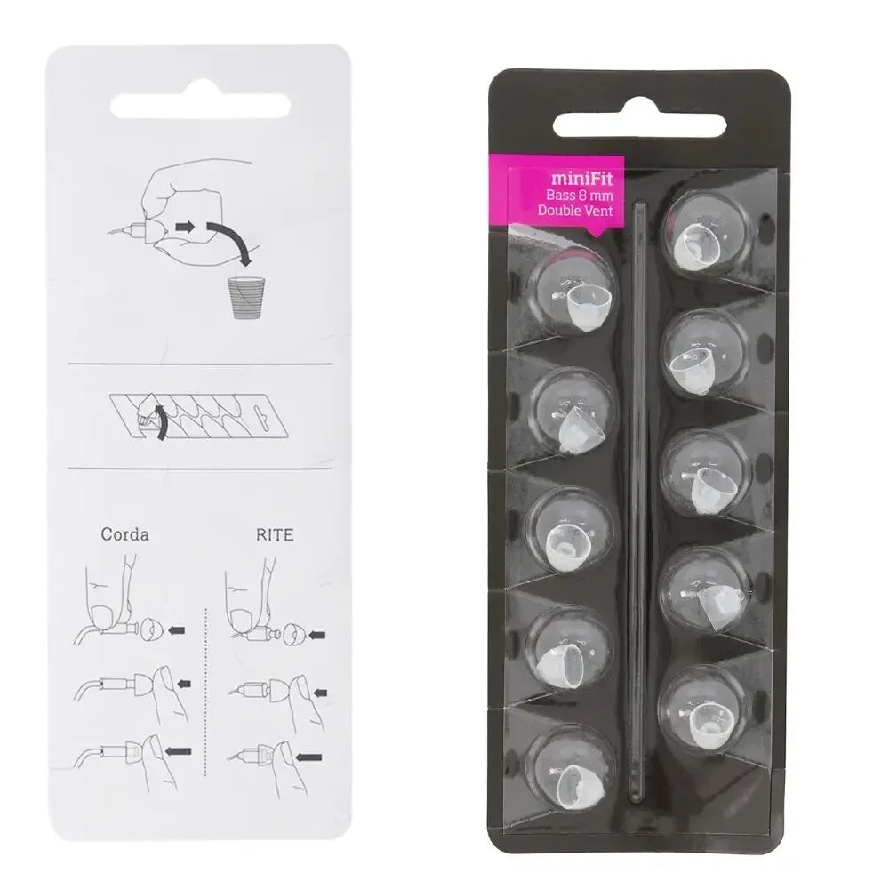 Packaging for replacement Bass domes for Oticon MiniFit hearing aids, showing diagrams and domes.