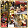 A display featuring a fantasy train platform, an exquisite scene reproduction, and a magic mirror reflection landscape.
