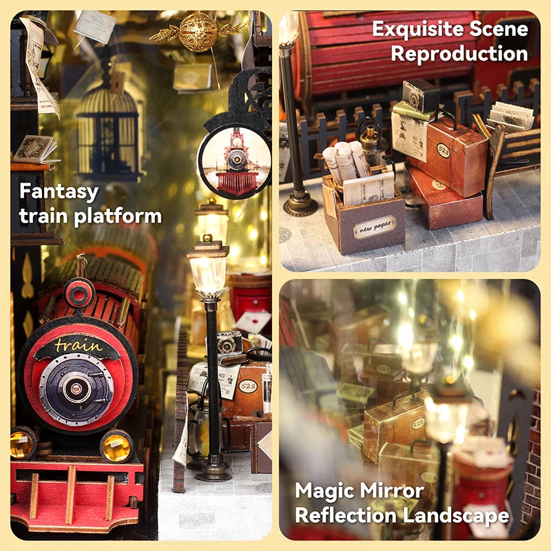 A display featuring a fantasy train platform, an exquisite scene reproduction, and a magic mirror reflection landscape.