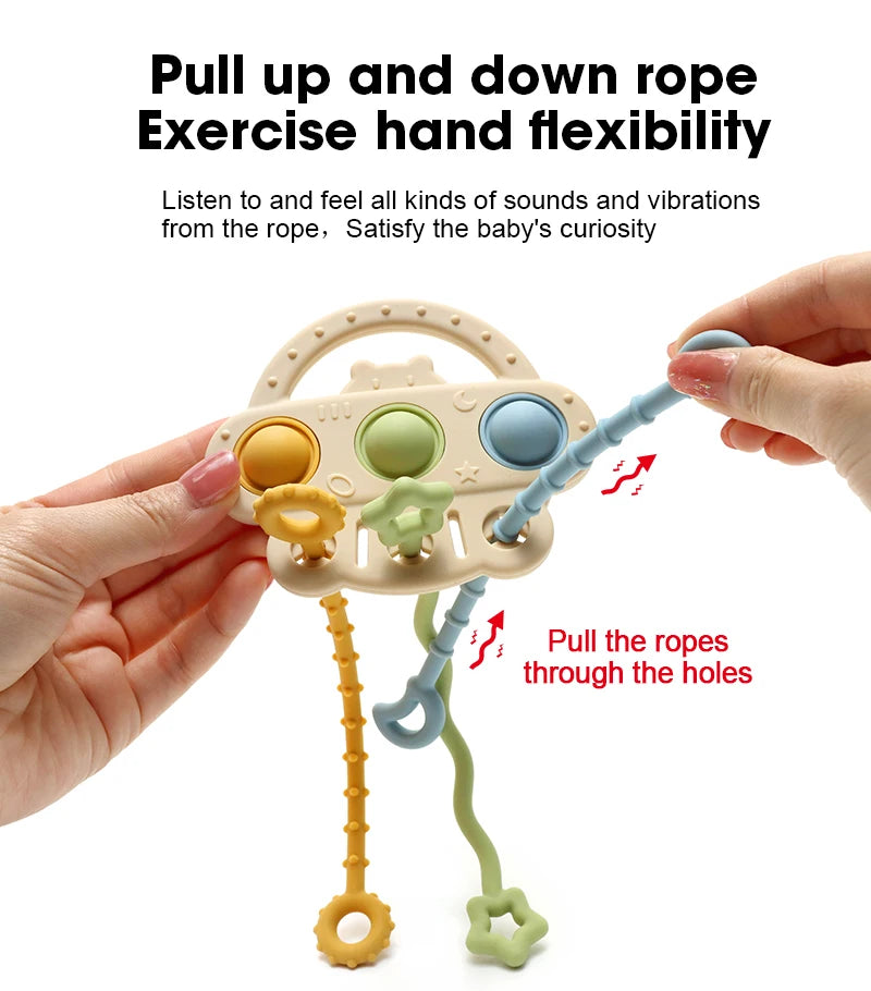 Bear Silicone Teether with Textured Pull String for Babies