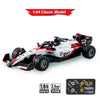 A white and red 1:64 scale RC drift car model with wheels and control system components.