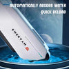 A white high-pressure electric water gun is shown submerged in blue water, demonstrating automatic water absorption.