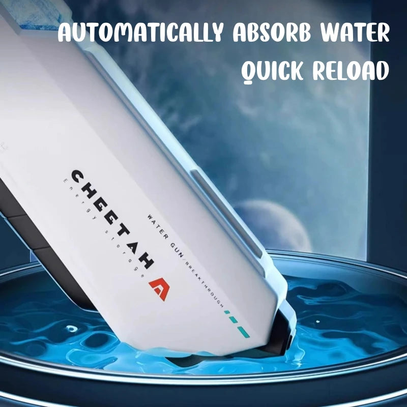 A white high-pressure electric water gun is shown submerged in blue water, demonstrating automatic water absorption.