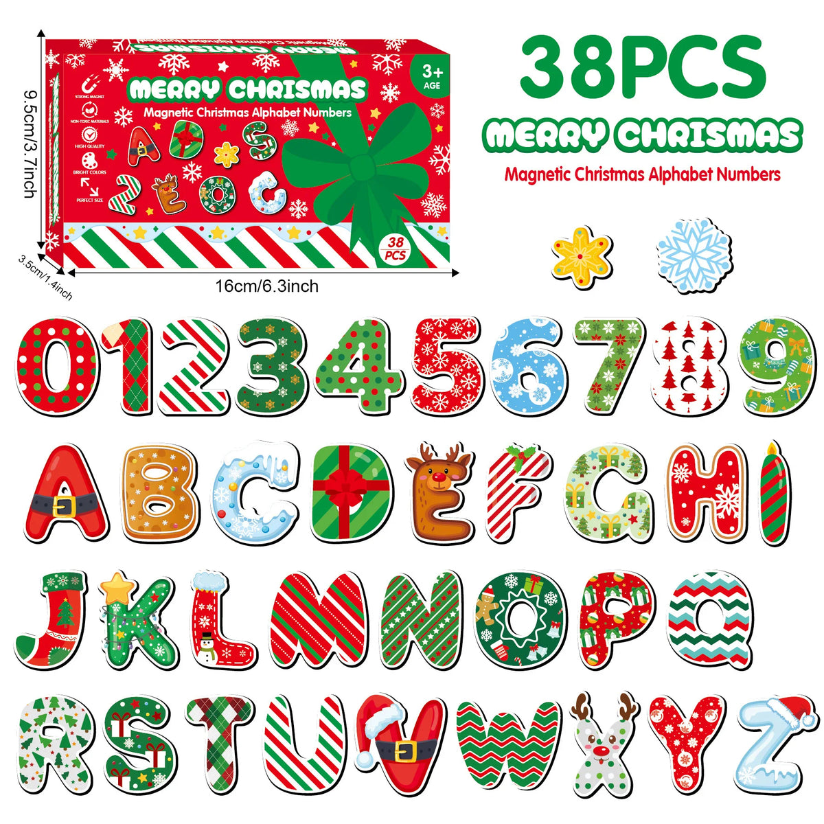 A set of 38 magnetic Christmas alphabet numbers and letters for children's learning