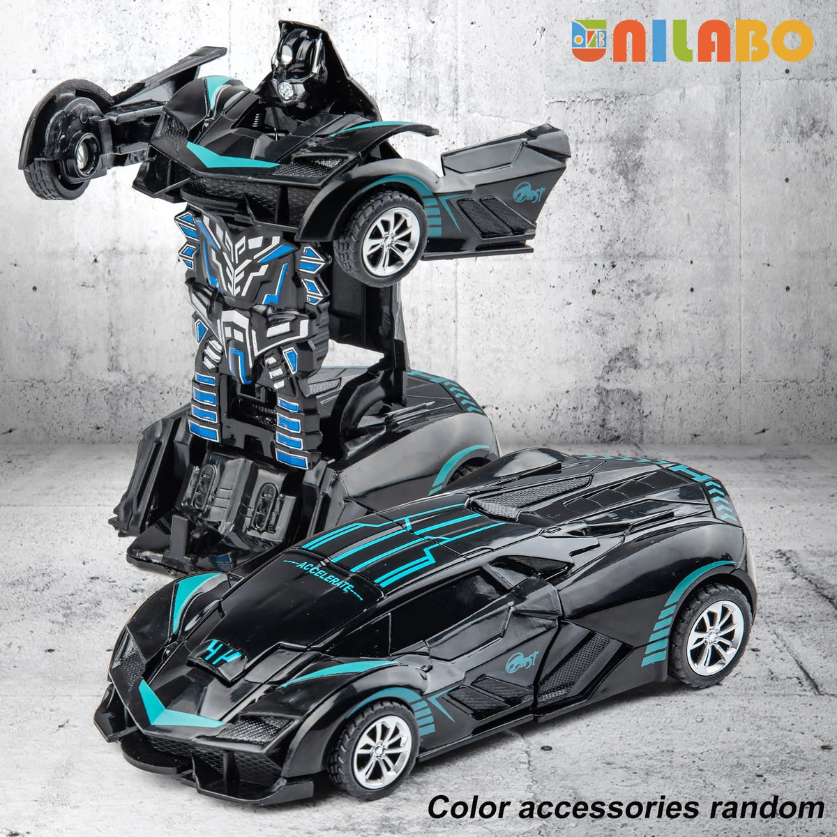 A black and teal transformable robot sports car toy is shown in a dynamic pose against a gray background.