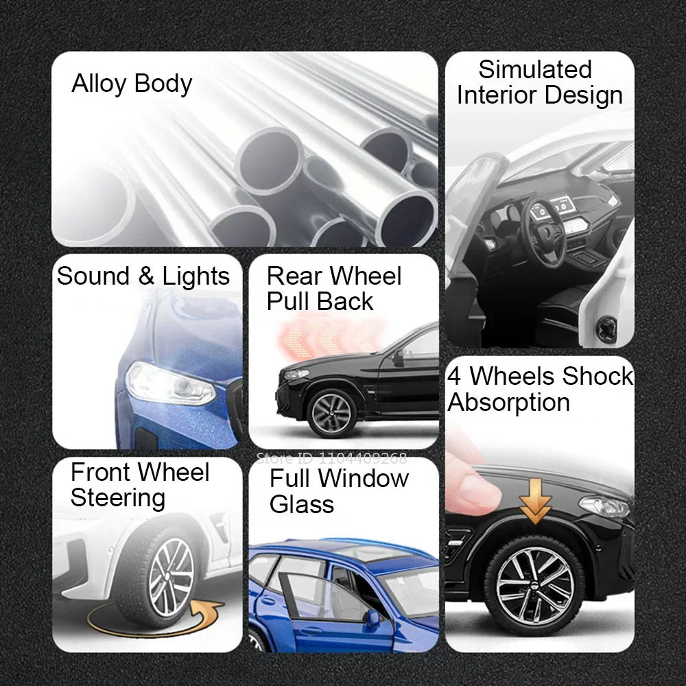 Diecast model cars featuring simulated interior design, sound and lights, wheel pull back, shock absorption, steering, and wi