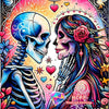 A vibrant diamond painting featuring two skulls, one skeletal and one feminine, surrounded by floral and celestial elements.