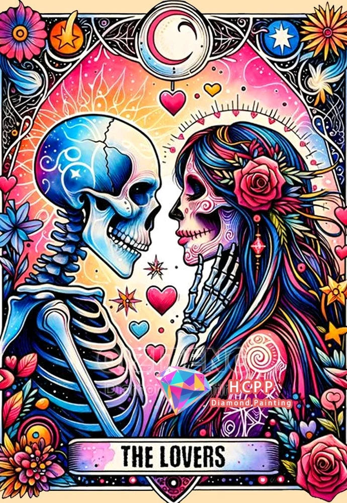 A vibrant diamond painting featuring two skulls, one skeletal and one feminine, surrounded by floral and celestial elements.