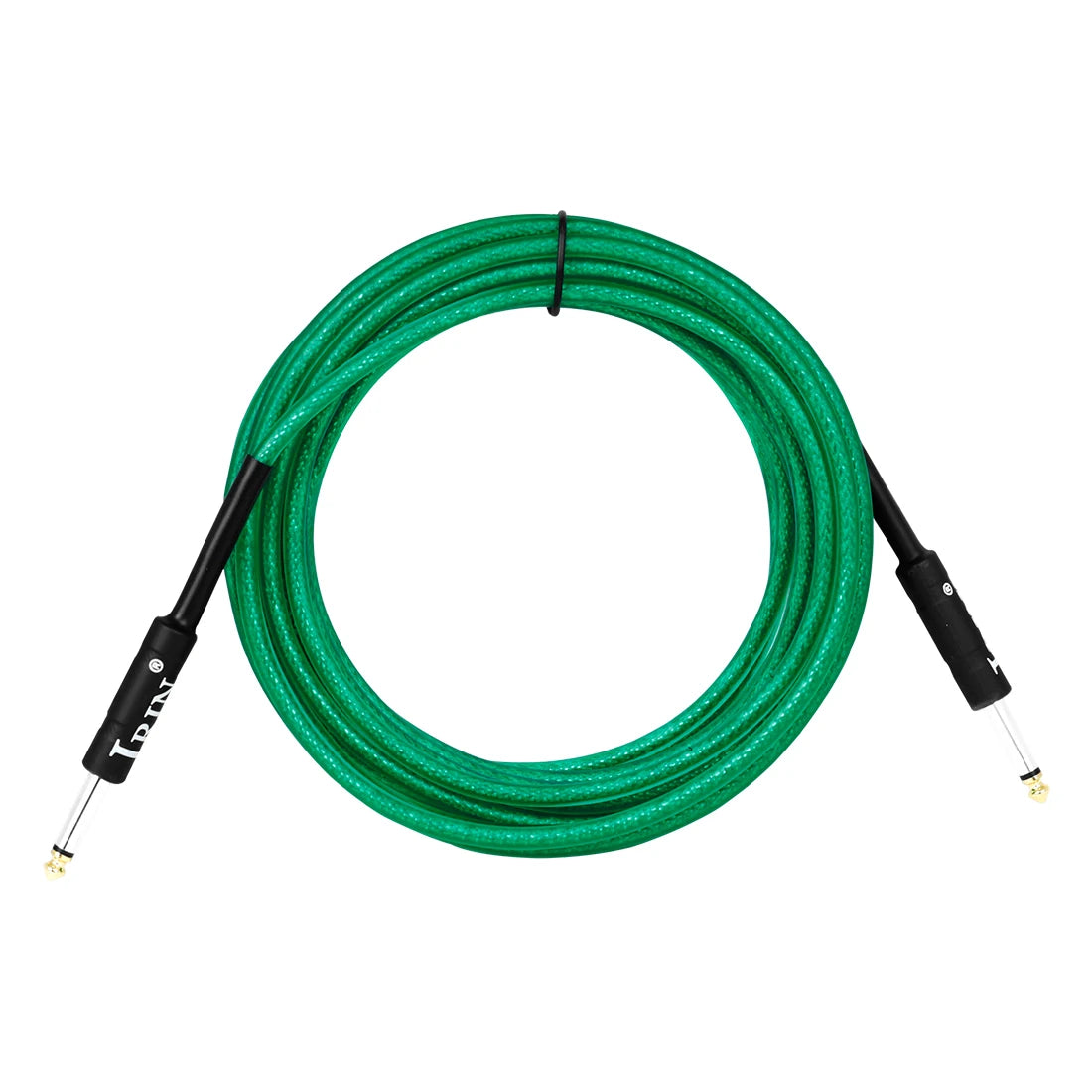 Green professional instrument cable with noise reduction shielding coiled and featuring black connectors