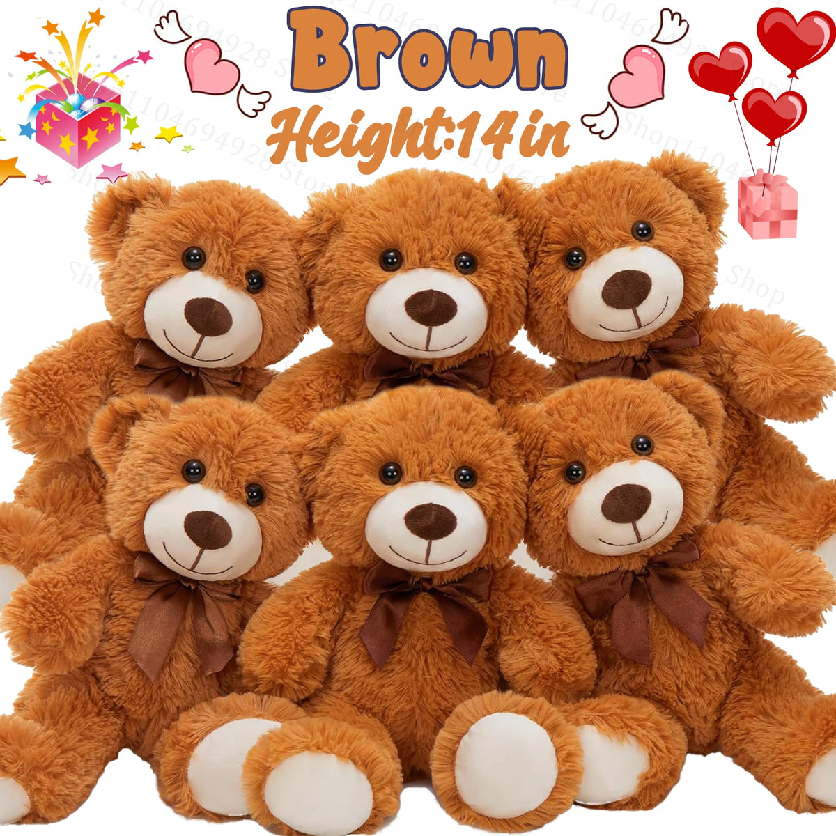 Three brown teddy bears with soft fur and brown bows are displayed together.
