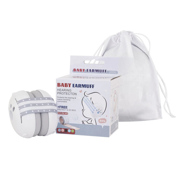 A box and a white baby earmuff are shown, with a separate white fabric bag nearby.