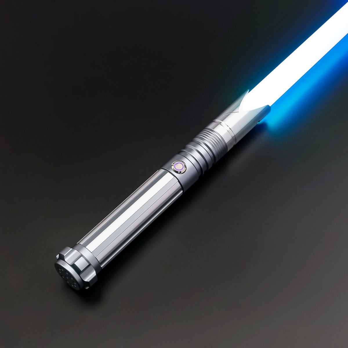A premium metal lightsaber with an illuminated blue blade and silver hilt against a dark background.