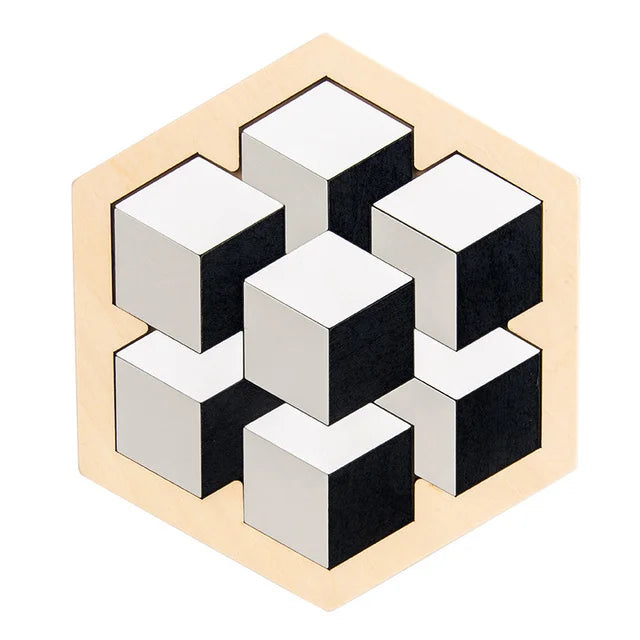 A wooden tangram puzzle board with ten square pieces arranged in a diamond pattern.