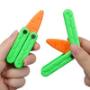 A hand holds a bright green and orange 3D printed butterfly knife fidget toy designed for stress relief.