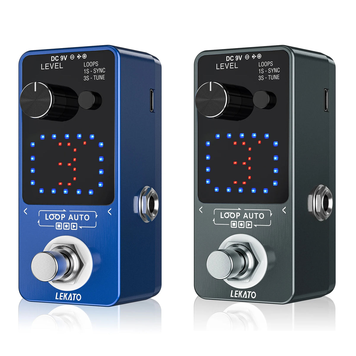 A compact Looper pedal with a blue and black casing featuring an LED display and tuning controls.