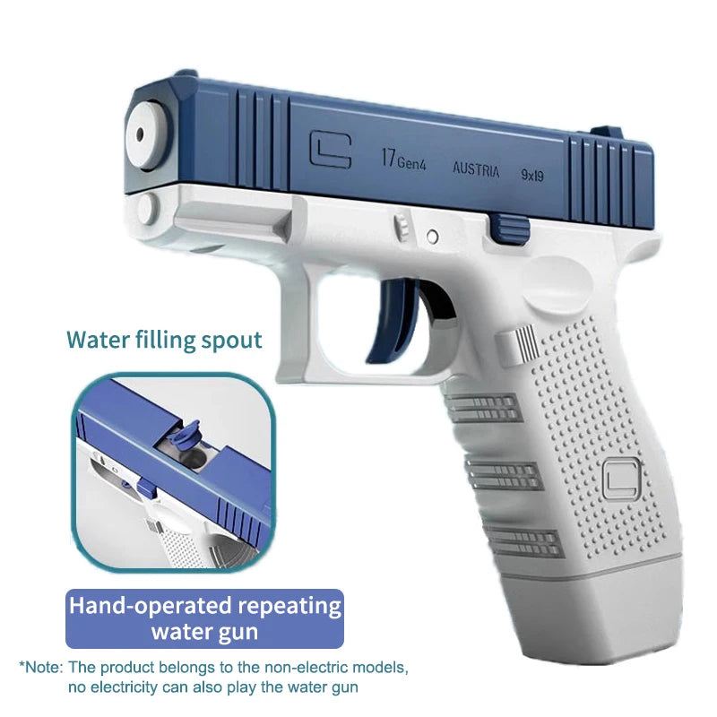 A white and blue hand-operated repeating water gun is shown, featuring a water filling spout and a grip texture.