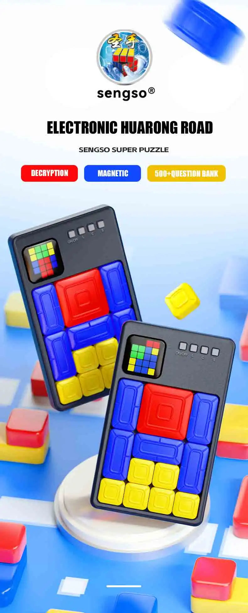 A close-up of a black electronic magic puzzle game with colorful blocks on a blue background.