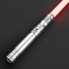 A silver lightsaber with a glowing red blade is shown diagonally against a dark background.