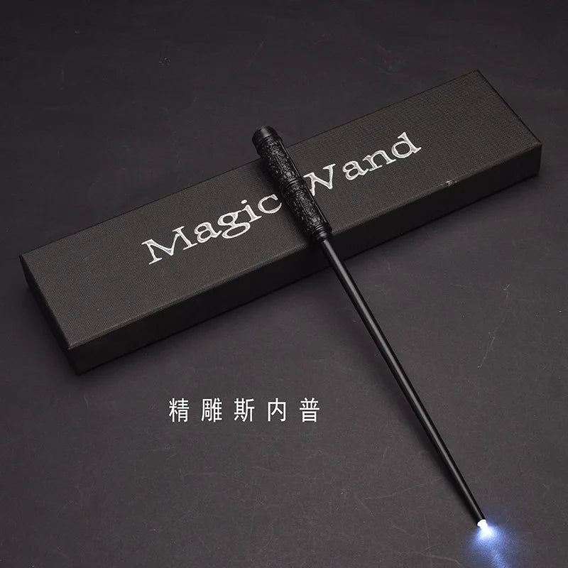 A black magic wand with a glowing blue tip is displayed on a dark surface.