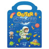 A blue sticker book cover featuring an Outer Space theme with cartoon planets and stars.