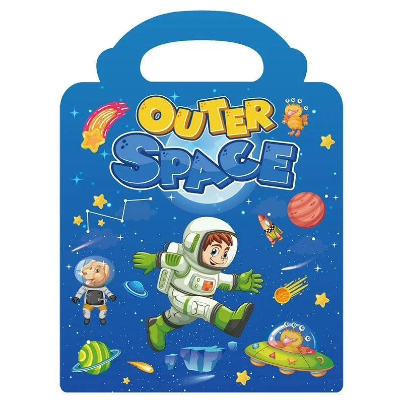 A blue sticker book cover featuring an Outer Space theme with cartoon planets and stars.