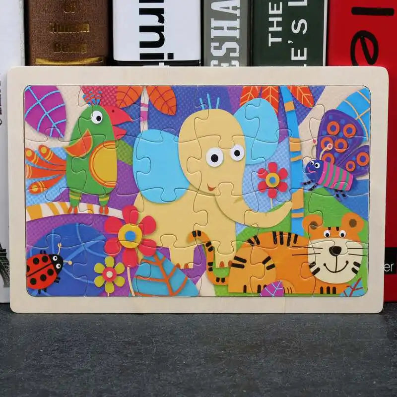 A 24-piece wooden animal jigsaw puzzle featuring colorful jungle animals like a green dinosaur, elephant, and tiger.