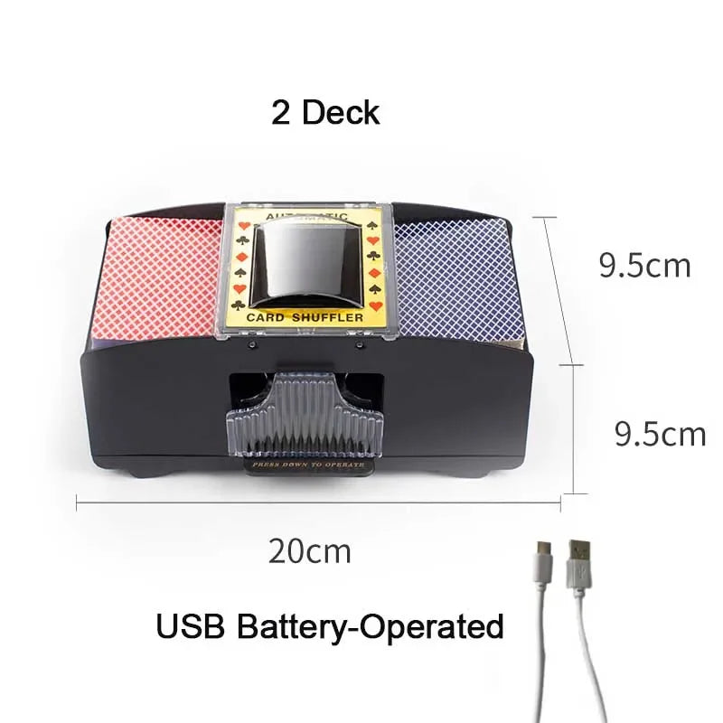 A black USB battery-operated 2 deck automatic card shuffler device.