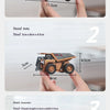 Three different models of a mini engineering vehicle set are shown, including a forklift, a dolly, and an excavator.