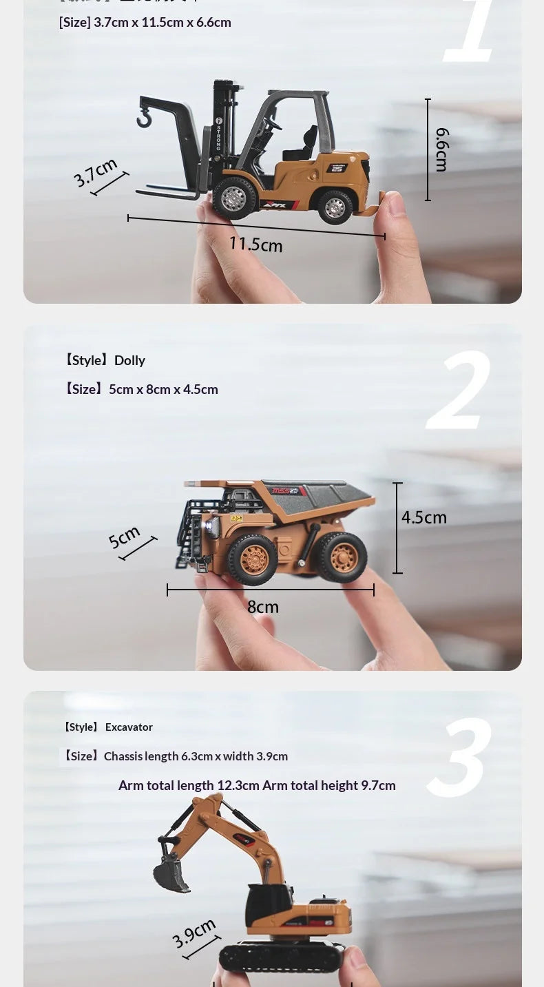 Three different models of a mini engineering vehicle set are shown, including a forklift, a dolly, and an excavator.