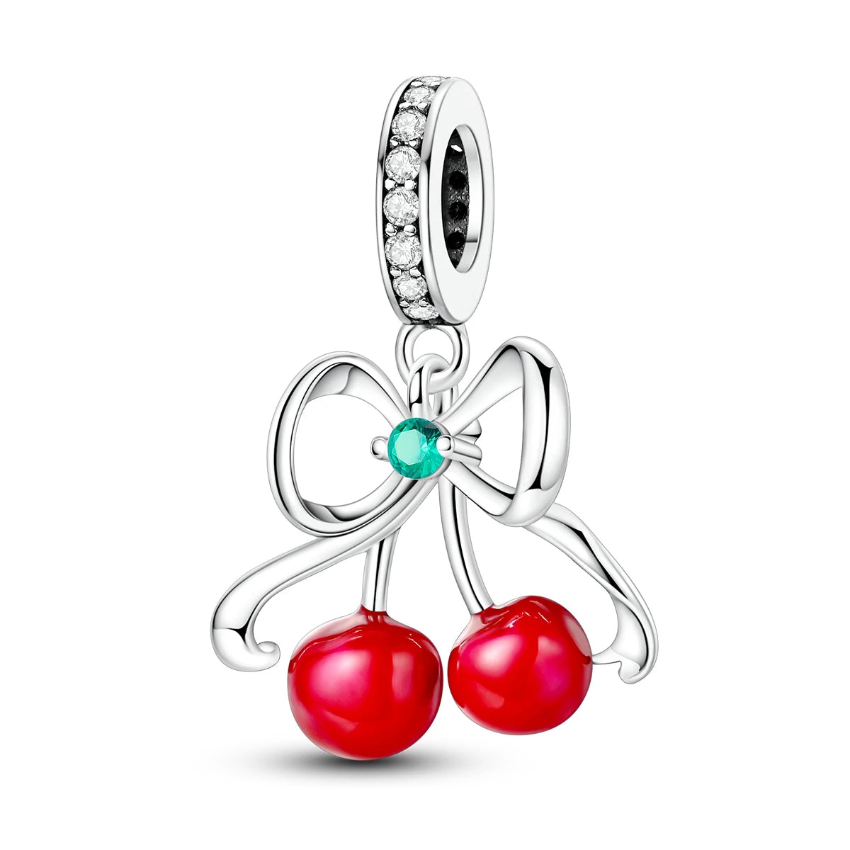 A silver fruit charm set featuring a bow and two cherry beads, set with zircon stones.