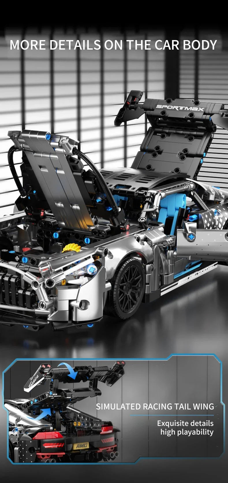 A detailed model kit of a sports car with an attached simulated racing tail wing and interior components.