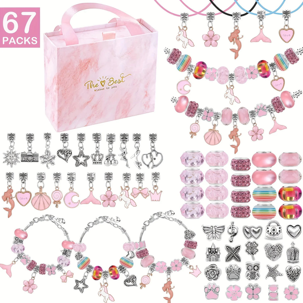 A box containing a pink charm bracelet and necklace making kit with various charms and tools.