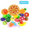 A set of 24 pretend play cutting food toys including a pizza, fruit slices, vegetables, and a shopping basket.